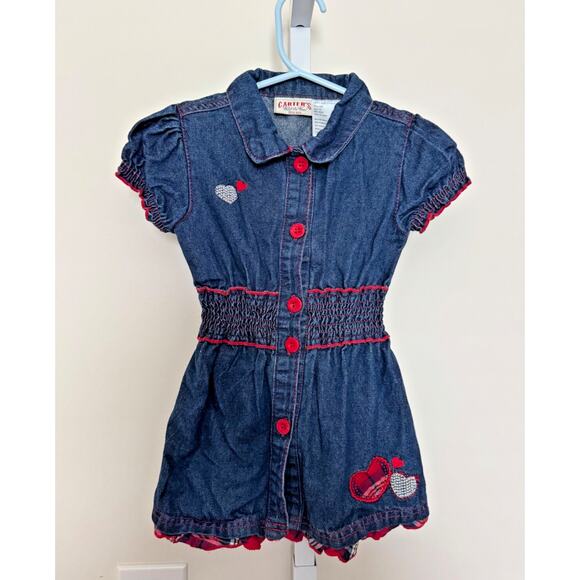 Carters Other - Vintage Carters Denim Dress Size 3T Ruffle Sleeve, Applique, Red Buttons Toddler